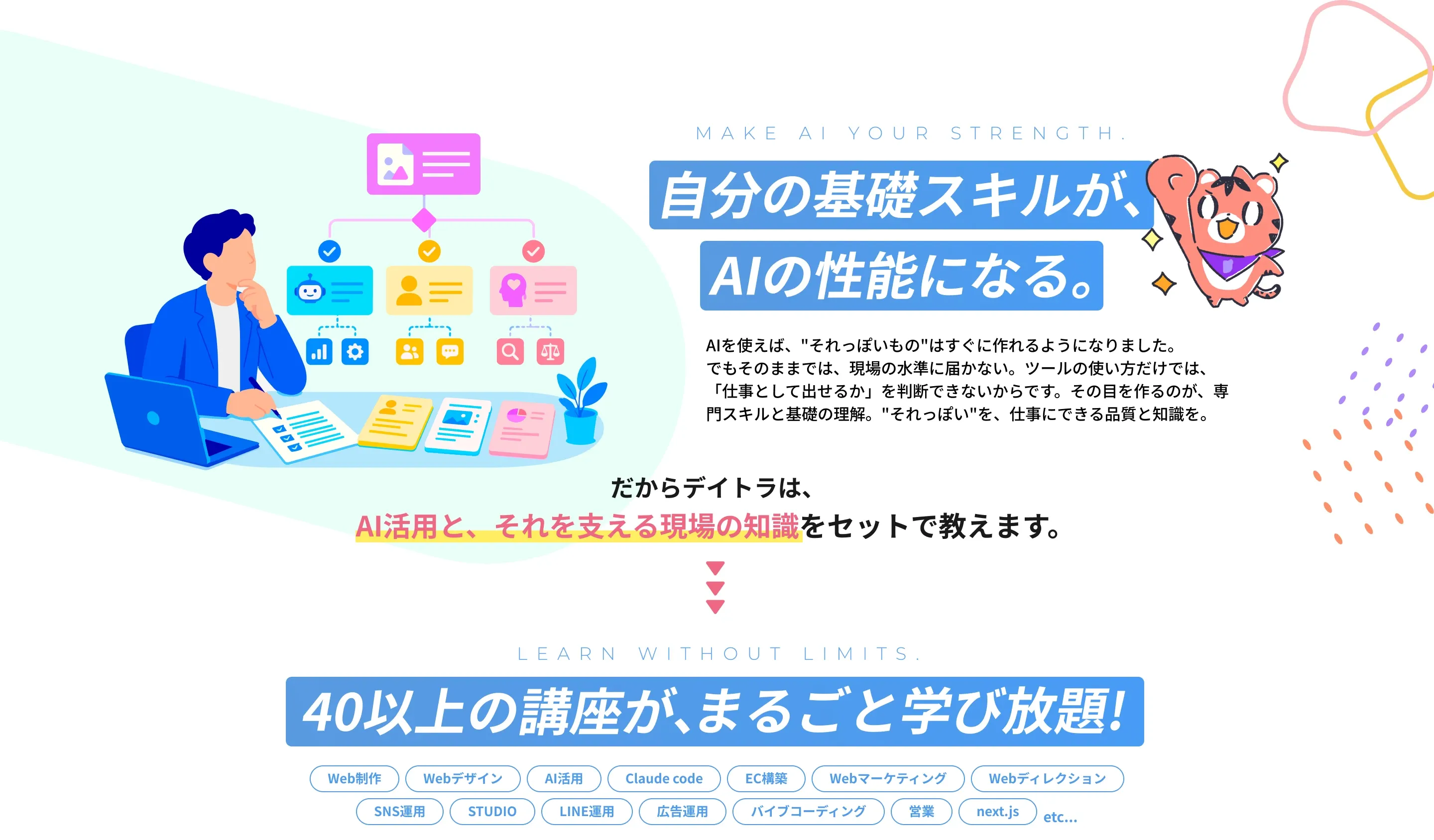 自分の基礎スキルが、AIの性能になる。だからデイトラは、AI活用と、それを支える現場の知識をセットで教えます。