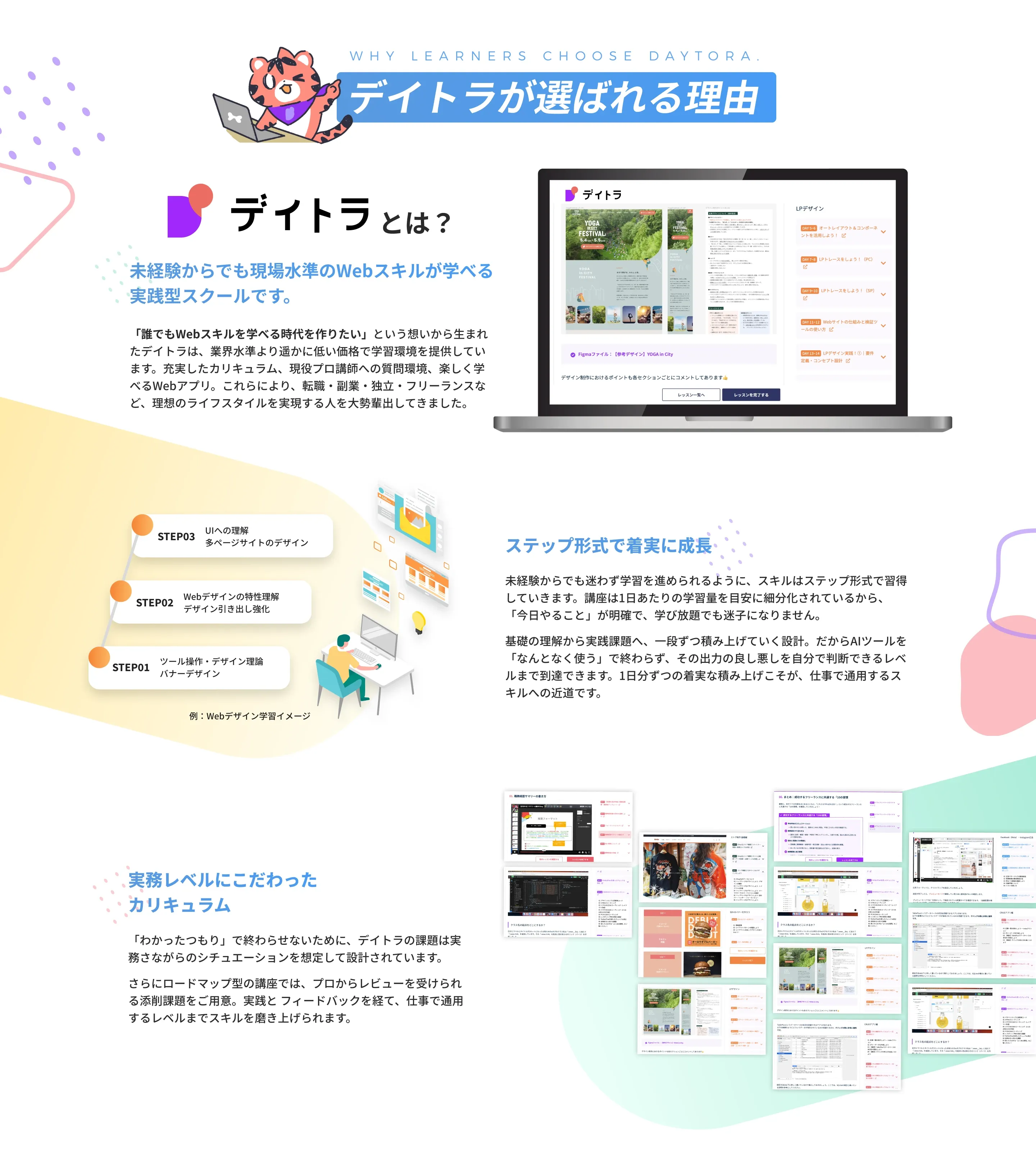 デイトラが選ばれる理由。デイトラとは？未経験からでも現場水準のWebスキルが学べる実践型学習コミュニティです。ステップ形式で着実に成長。実務レベルにこだわったカリキュラム。